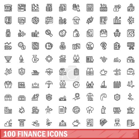 Téléchargez les illustrations : Ensemble de 100 icônes financières. Illustration schématique de 100 icônes de la finance ensemble vectoriel isolé sur fond blanc - en licence libre de droit