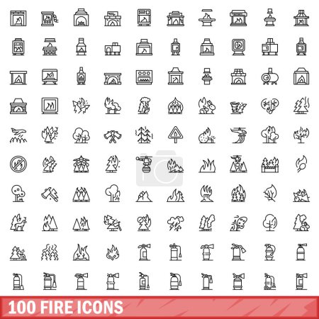 Téléchargez les illustrations : Ensemble de 100 icônes de feu. Illustration schématique de 100 vecteurs d'icônes de feu isolés sur fond blanc - en licence libre de droit