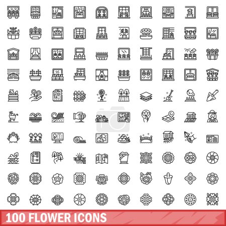 Téléchargez les illustrations : Ensemble de 100 icônes de fleurs. Illustration de l'ensemble vectoriel de 100 icônes de fleurs isolées sur fond blanc - en licence libre de droit