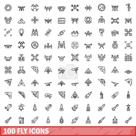 Téléchargez les illustrations : Ensemble de 100 icônes de mouche. Illustration de l'ensemble vectoriel de 100 icônes de mouches isolées sur fond blanc - en licence libre de droit