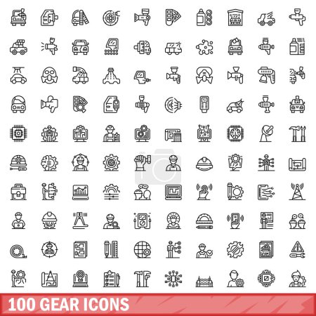 Téléchargez les illustrations : Ensemble de 100 icônes d'engrenage. Illustration schématique de 100 icônes vectorielles d'engrenages isolées sur fond blanc - en licence libre de droit