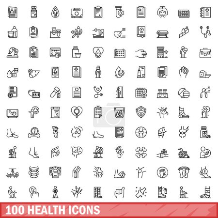 Téléchargez les illustrations : Ensemble de 100 icônes de santé. Illustration schématique de 100 vecteurs d'icônes de santé isolés sur fond blanc - en licence libre de droit