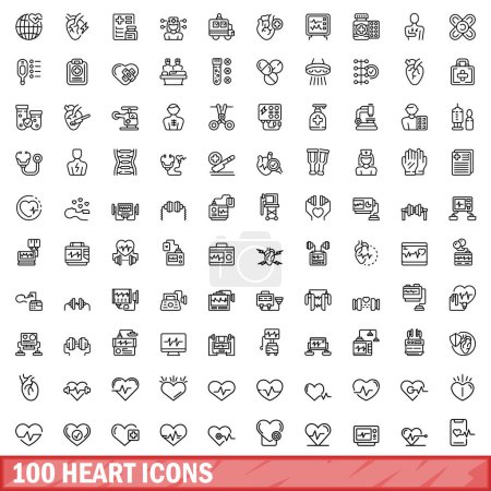 Téléchargez les illustrations : Ensemble de 100 icônes du cœur. Illustration schématique de 100 icônes de coeur ensemble vectoriel isolé sur fond blanc - en licence libre de droit