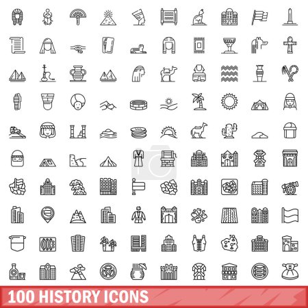 Téléchargez les illustrations : Ensemble de 100 icônes d'historique. Illustration schématique de 100 icônes d'histoire ensemble vectoriel isolé sur fond blanc - en licence libre de droit