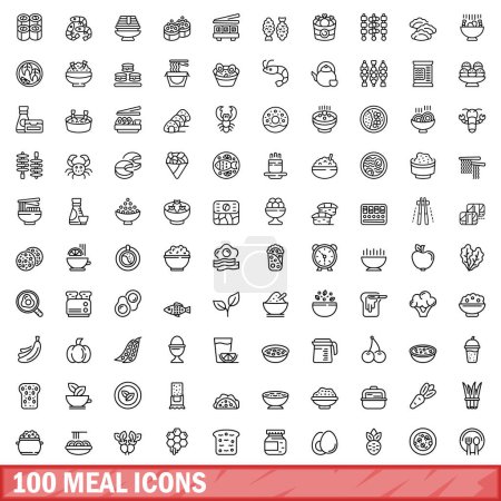 Téléchargez les illustrations : Ensemble de 100 icônes repas. Illustration schématique d'un ensemble vectoriel de 100 icônes de repas isolées sur fond blanc - en licence libre de droit