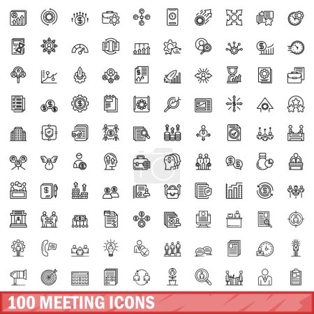 Téléchargez les illustrations : Ensemble de 100 icônes de réunion. Illustration schématique de 100 jeux vectoriels d'icônes de réunion isolés sur fond blanc - en licence libre de droit