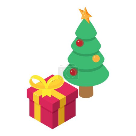 Téléchargez les illustrations : Icône cadeau de vacances vecteur isométrique. Boîte avec arc et arbre de Noël décoré. Vacances de Noël, tradition - en licence libre de droit