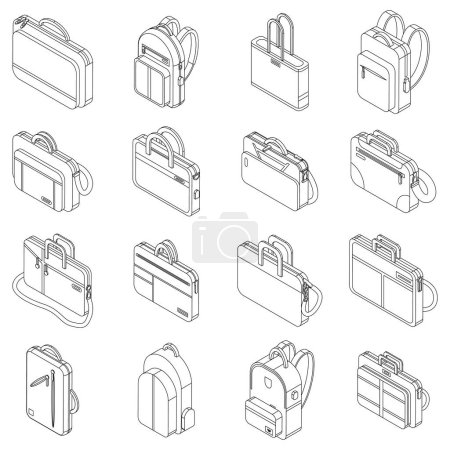 Illustration for Laptop bag icons set. Isometric set of laptop bag vector icons for web design isolated on white background outline - Royalty Free Image