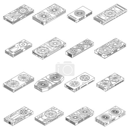 Illustration for Graphics card icons set. Isometric set of graphics card vector icons for web design isolated on white background outline - Royalty Free Image