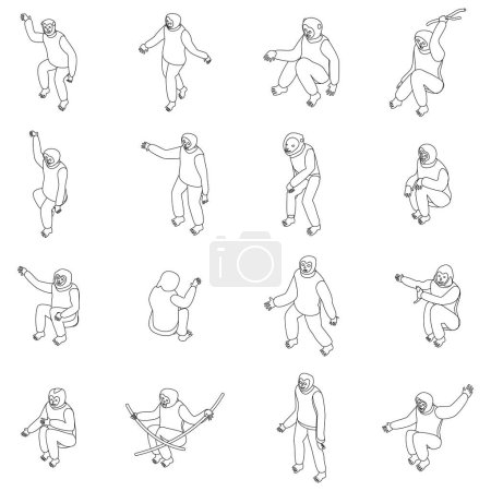 Téléchargez les illustrations : Ensemble d'icônes Gibbon. Ensemble isométrique d'icônes vectorielles de gibbon pour la conception web isolé sur fond blanc contour - en licence libre de droit
