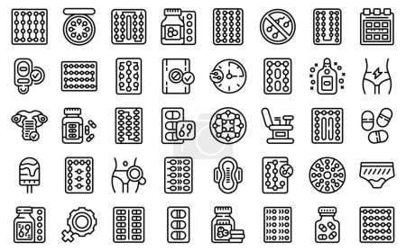 Illustration for Female oral contraception icons set outline vector. Birth control. Oral pill - Royalty Free Image