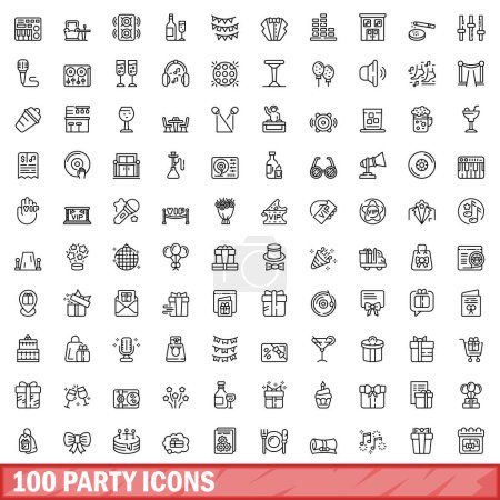 Téléchargez les illustrations : 100 party icons set. Outline illustration of 100 party icons vector set isolated on white background - en licence libre de droit
