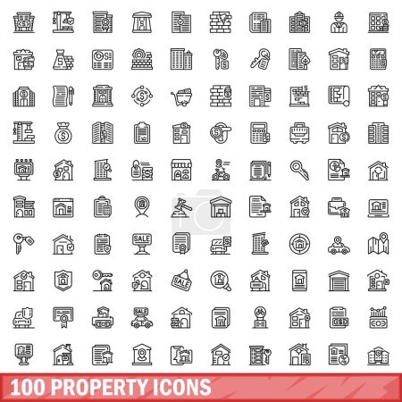 Téléchargez les illustrations : Ensemble de 100 icônes de propriété. Illustration schématique de 100 icônes de propriété ensemble vectoriel isolé sur fond blanc - en licence libre de droit