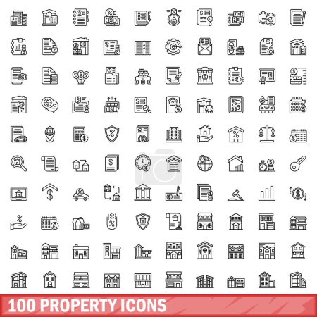 Illustration for 100 property icons set. Outline illustration of 100 property icons vector set isolated on white background - Royalty Free Image