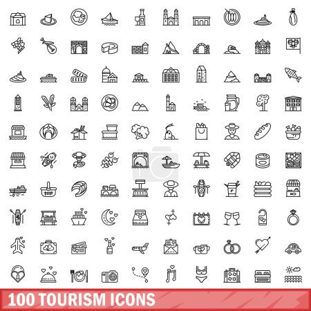 Téléchargez les illustrations : 100 tourism icons set. Outline illustration of 100 tourism icons vector set isolated on white background - en licence libre de droit