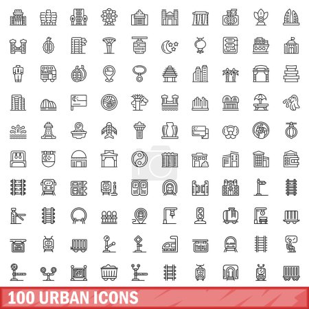 100 urbane Ikonen gesetzt. Umriss Illustration von 100 städtischen Symbolen Vektor gesetzt isoliert auf weißem Hintergrund