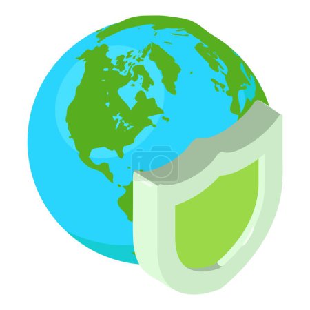 Illustration for Green planet icon isometric vector. Green shield on background of planet earth. Ecology concept, environmental protection - Royalty Free Image