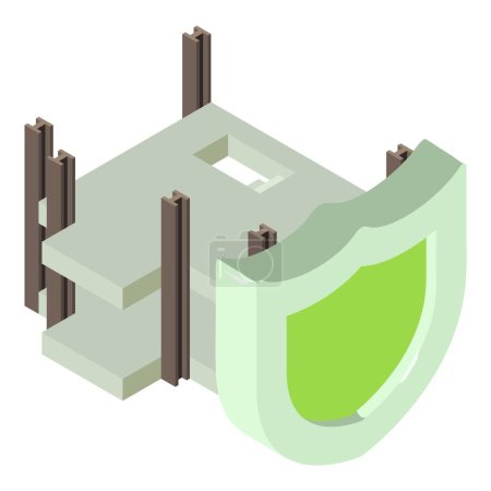 Illustration for Eco construction icon isometric vector. Shield icon on building frame background. Eco technology - Royalty Free Image