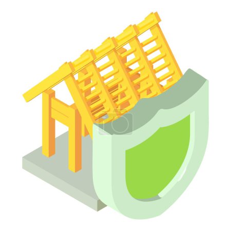 Illustration for Eco building icon isometric vector. Shield on wooden building frame background. Eco technology, environmental protection - Royalty Free Image