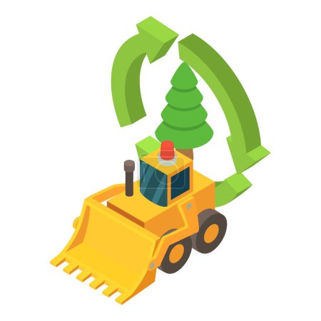Illustration for Eco technology icon isometric vector. Construction bulldozer, wood recycling sign. Eco construction - Royalty Free Image
