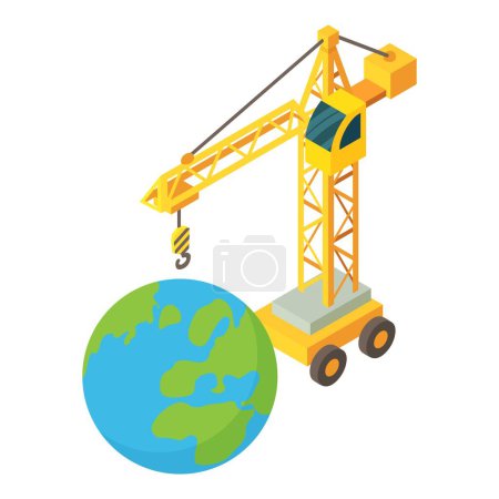 Environmental construction icon isometric vector. Building crane, planet mockup. Eco technology, environmental protection