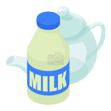 Milchgetränk Symbol isometrischen Vektor. Transparente Glas-Teekanne und Flasche Milch. Teetrinken, Tradition