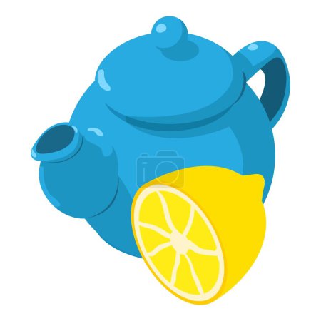 Zitronentee-Symbol isometrischer Vektor. Blaues Porzellan Teekanne und frische Zitrone halb Symbol. Teetrinken, Tradition
