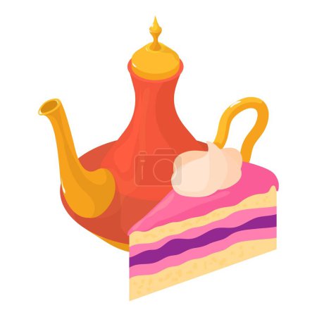 Ilustración de Arabic coffee icon isometric vector. Traditional coffee pot and fruit cake piece. Oriental ceremony, tradition - Imagen libre de derechos