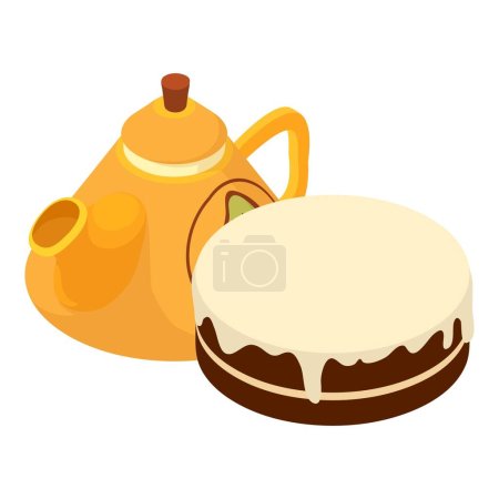 Tea party icon isometric vector. Porcelain tea pot and chocolate cake with icing. Dessert and drink