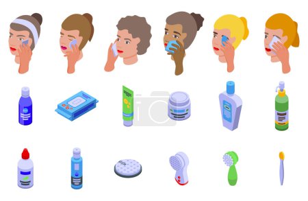 Illustration for Make-up removal icons set isometric vector. Face beauty remove. Sponge mask - Royalty Free Image
