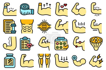 Téléchargez les illustrations : Muscle icons set outline vector. Fiber tissue. Muscular body color flat - en licence libre de droit
