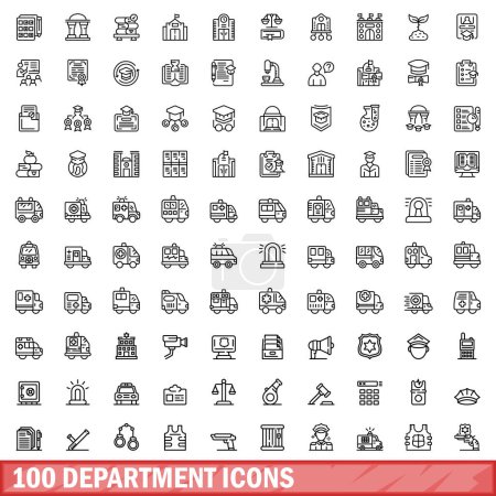 Téléchargez les illustrations : 100 department icons set. Outline illustration of 100 department icons vector set isolated on white background - en licence libre de droit