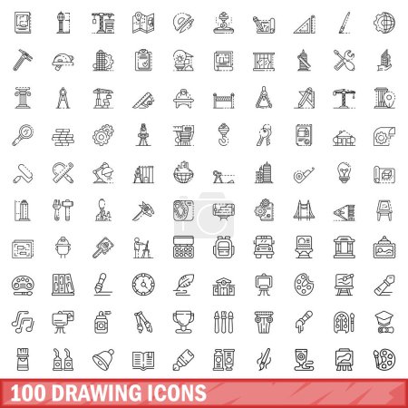 Téléchargez les illustrations : 100 drawing icons set. Outline illustration of 100 drawing icons vector set isolated on white background - en licence libre de droit