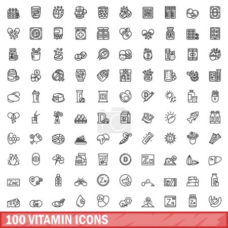 Téléchargez les illustrations : Ensemble de 100 icônes vitaminiques. Illustration schématique d'un ensemble vectoriel de 100 icônes de vitamines isolées sur fond blanc - en licence libre de droit