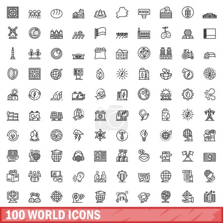 Téléchargez les illustrations : 100 world icons set. Outline illustration of 100 world icons vector set isolated on white background - en licence libre de droit