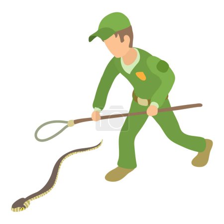 Common viper icon isometric vector. Man in uniform with noose and european viper. Reptile capture, herpetology
