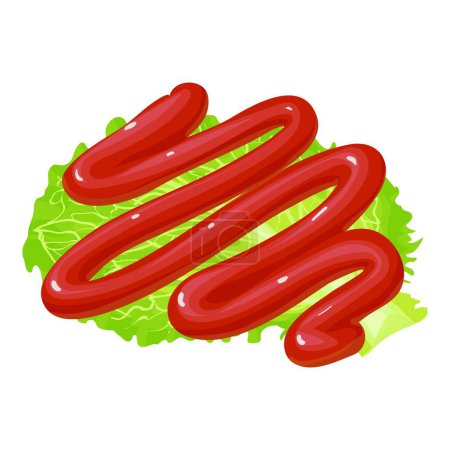 Sandwich ingredient icon isometric vector. Ketchup strip on fresh green lettuce. Fast food product