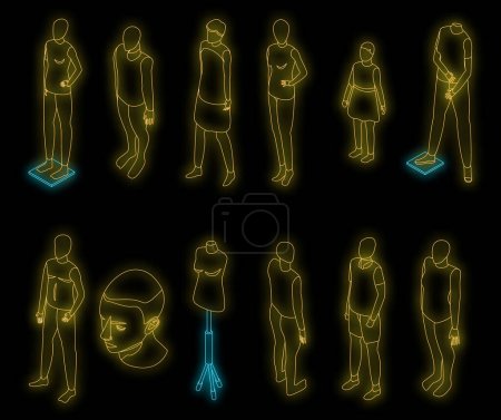 Illustration for Mannequin icons set. Isometric set of mannequin vector icons neon color on black - Royalty Free Image