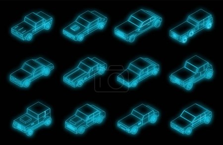 Ilustración de Car old icons set. Isometric set of car old vector icons neon color on black - Imagen libre de derechos