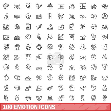Téléchargez les illustrations : 100 emotion icons set. Outline illustration of 100 emotion icons vector set isolated on white background - en licence libre de droit