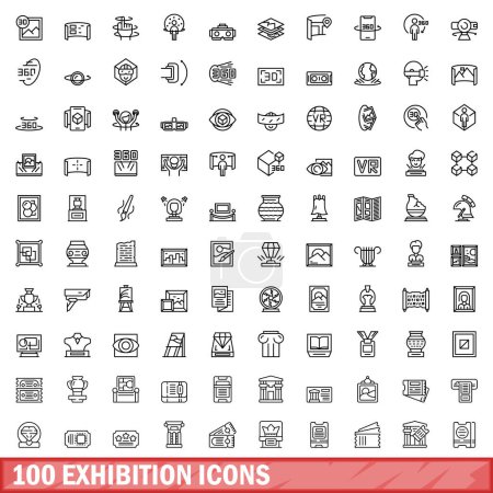 Ilustración de 100 iconos de la exposición conjunto. Esquema ilustración de 100 iconos de exposición vector conjunto aislado sobre fondo blanco - Imagen libre de derechos