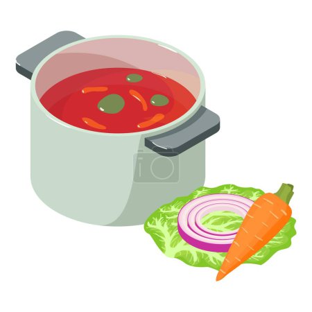 Ilustración de Primer icono de plato vector isométrico. Sopa de verduras, anillo de cebolla, zanahoria, hoja de col. Concepto alimentario, nutrición saludable - Imagen libre de derechos