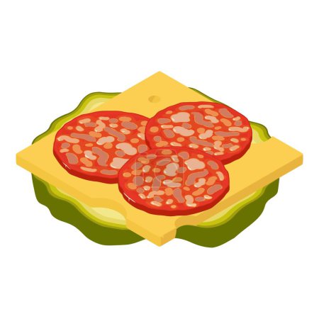 Burger Zutat Symbol isometrischen Vektor. Wurstscheiben, Käse und salzige Gurken. Ernährungskonzept, ungesunde Ernährung