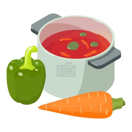 Ilustración de Primer icono de plato vector isométrico. Sopa de verduras rojas, zanahoria, pimiento dulce verde. Concepto alimentario, nutrición saludable - Imagen libre de derechos