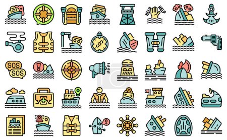 Illustration for Shipwreck icons set outline vector. Island desert. Sea boat color line on white isolated - Royalty Free Image
