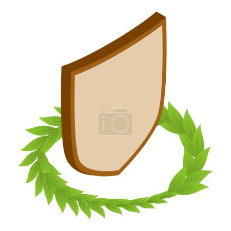 Shield concept icon isometric vector. Triangular shield and green round wreath. Safety, guarantee