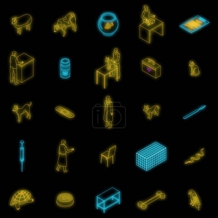 Ilustración de Veterinarian icons set. Isometric set of veterinarian vector icons neon color on black - Imagen libre de derechos