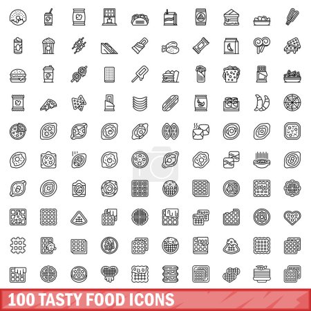 Téléchargez les illustrations : 100 tasty food icons set. Outline illustration of 100 tasty food icons vector set isolated on white background - en licence libre de droit