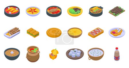 Téléchargez les illustrations : Icônes alimentaires bulgares ensemble vecteur isométrique. De la nourriture. Poivre farci - en licence libre de droit