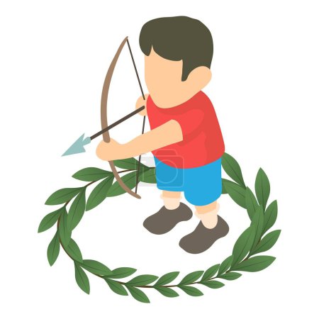 Icono Archer vector isométrico. Hombre arquero atleta con arco dentro corona ganadora. Competencia, concepto deportivo